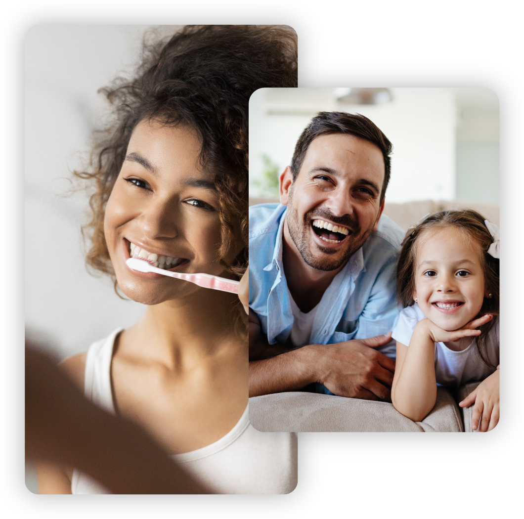 Woman brushing teeth, father and daughter smiling